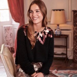 Sezane Black Sweater with Pink and White Accents